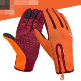 Outdoor Waterproof Gloves Touch Screen Windproof Riding Zipper Sports Winter Warm Fleece Mountaineering Gloves (Option: Orange 2pcs-S-Zipper)