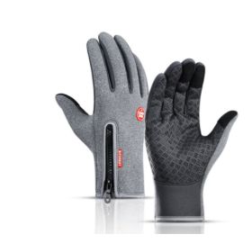 Outdoor Waterproof Gloves Touch Screen Windproof Riding Zipper Sports Winter Warm Fleece Mountaineering Gloves (Option: Grey-L-Zipper)
